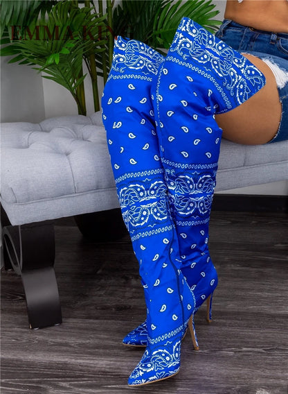Autumn Winter Women Thigh High Boots Bandana Prints Bad Girl Heels Shoes Pointy Toe Silk Stiletto Botas Altas Mujer Size 35-44