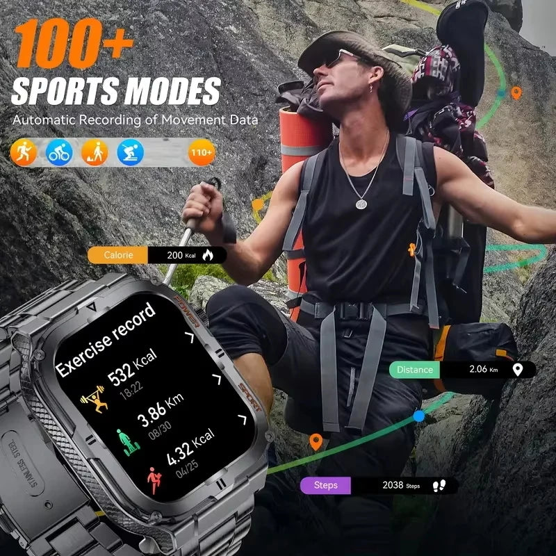 New Men's Smart Watch LED Flashlight waterproof Outdoor Sports Watch Health Monitoring Fitness tracker Suitable for IOS Android