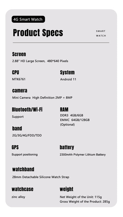 Factory S999 4G Smart Watch Android 11 OS 2.88" Screen 2MP/8MP Dual Camera 4GB RAM 64GB ROM 2300mAh Men Smartwatch Women Clock