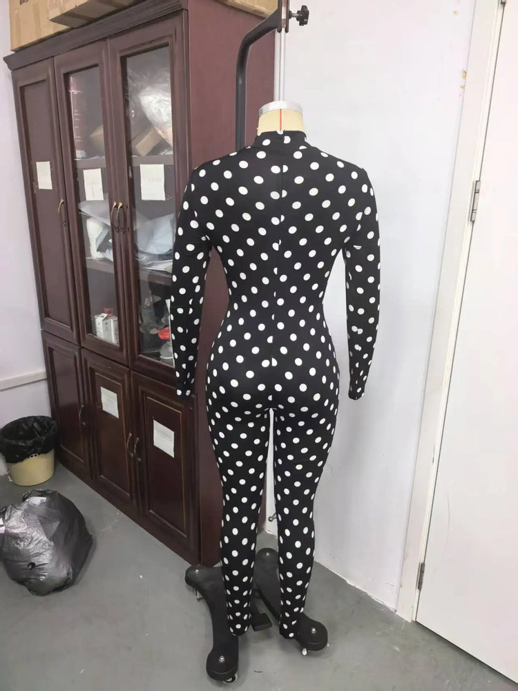Sexy Women Polka Dot Bodycon Jumpsuit High Neck Long Sleeve Slim Fit One Piece Y2K Clubwear Party Outfit