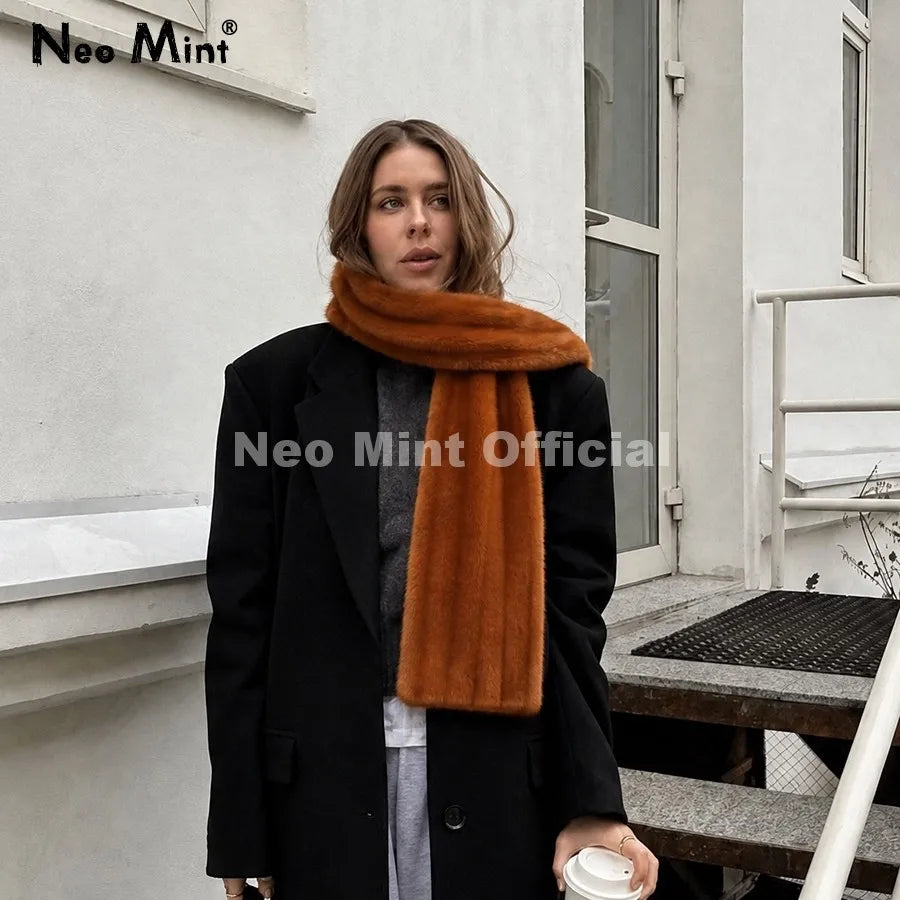 Neo Mint Luxury Brand Fashion Faux Mink Fur Scarves Women 2026 Winter Fuzzy Neck Warmer Wraps Chic Plush Fur Collar Shawl Scarf