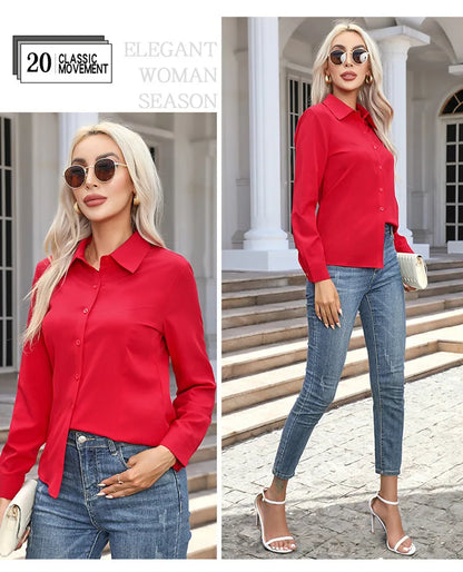 Women Elegant Solid Button Shirt Chiffon Blouse Spring Summer Casual Solid Long Sleeve Turn Down Collar Tunics OL Shirt Tops
