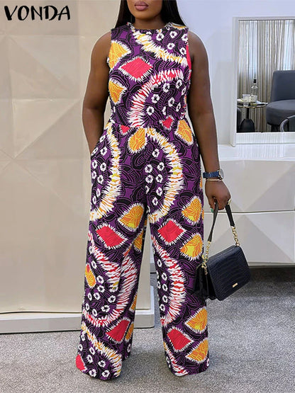 Women Jumpsuits Vintage Printed Sleeveless Overalls 2025 VONDA Summer Beach Wide Leg Playsuits Casual OL Work Long Jumpsuits