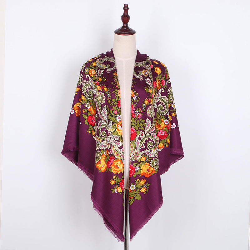 Russian Women Big Size Square Scarf Luxury Floral Print Bandana Wraps Female Retro Short Tassel National Shawl