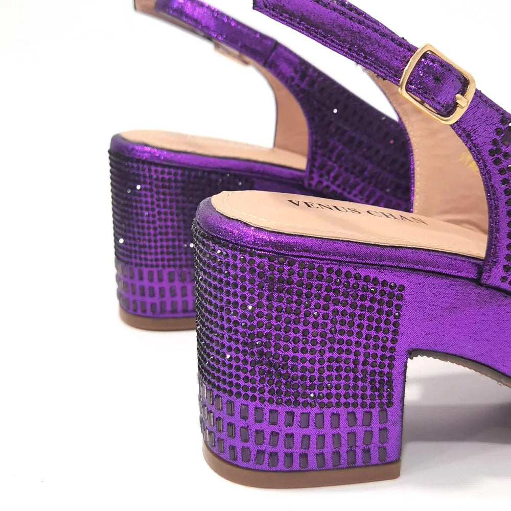 High Heels 2024 Women's Purple Luxury Designer Split Square Toe Rhinestone Wedding Shoes and Wedding Set
