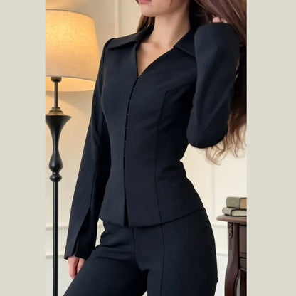 Womenn's 2 Piece Outfits Lapel Flare Long Sleeve Peplum Top High Waist Flared Pants Set Office Matching Suit Lady Cozy Wear Set