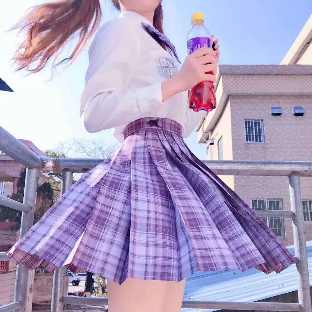 Romantic Purple Uniform JK Set Women 2025 Summer High Waist Skirts Korean Style Pleated Skirts Shirt And Tie For Cute Girls Suit