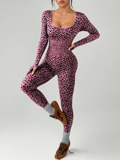 Women Leopard Print Tight Jumpsuit Slimming Hip Hugging Long Sleeve U Collar Stretchy