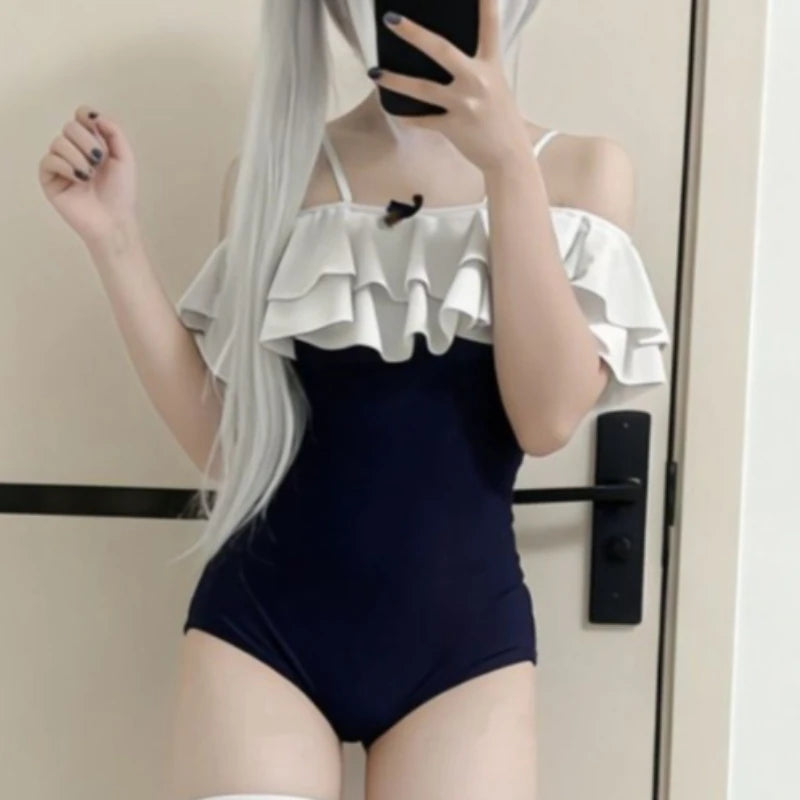 Japanese Harajuku Swimming Jumpsuits Girls Ruffles Sleeveless Straps Swimsuit Women Sexy Cosplay Bodysuit Hottie Tights Rompers