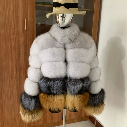 New Fashion Women's Winter Natural Fur Coat Silver Fox Mixed Collar Design High Quality Real Fur Coat real fur coat women luxury
