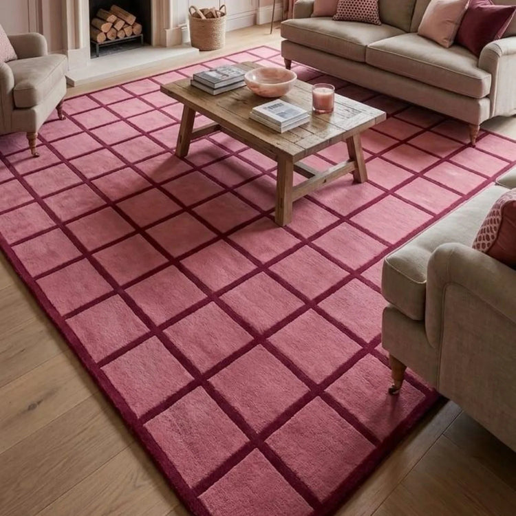 Room Decor Rug  Luxury Pink Grid Area Rug  H1andmade Wool Carpet  Modern Checkered Floor Art  Free Customization  Sizes for Home DE1cor by Sartaj Rugs
