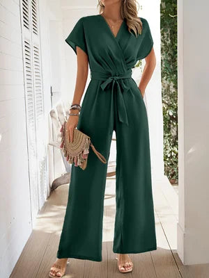2026 Spring/Summer New Women's V-Neck Tie-Waist Jumpsuit Short Sleeve Wide-Leg Pants Jumpsuit Commuting Vacation Style Elegant Romper