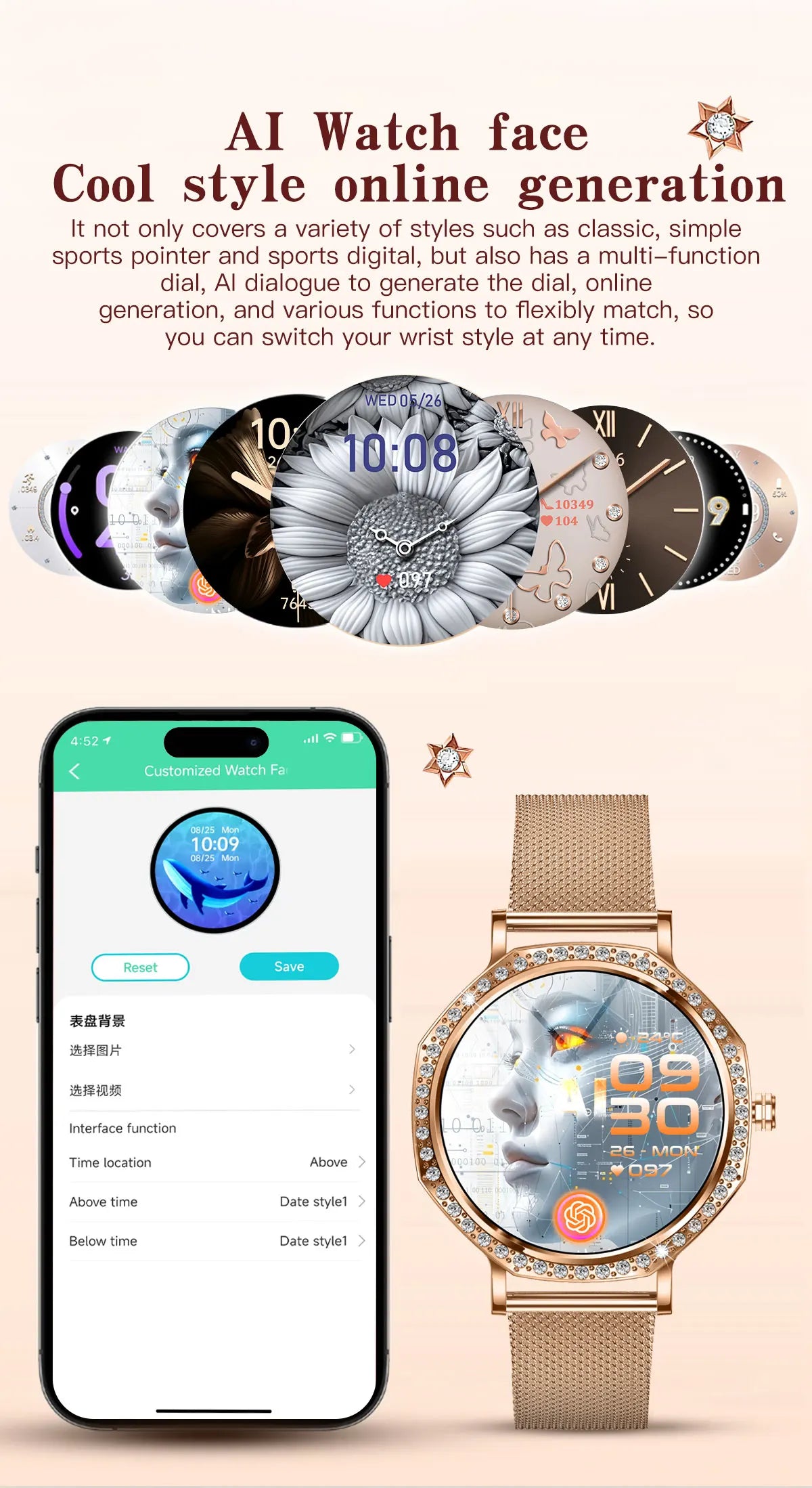 2026 New Ladies' Fashion Smartwatch Diamond Frame HD AMOLED Screen Bluetooth Call Health Monitoring Waterproof Smart Watch Gift