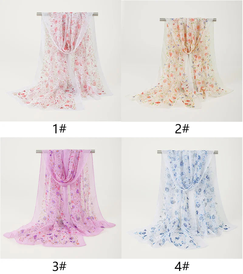 Summer Floral Printed Scarf Elegant Lightweight Chiffon Silk Shawls Travel Beach Sunscreen Towel Fashion Headband Turban