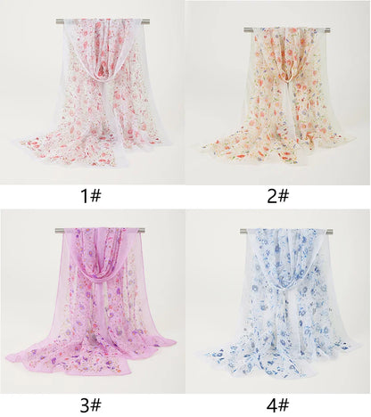Summer Floral Printed Scarf Elegant Lightweight Chiffon Silk Shawls Travel Beach Sunscreen Towel Fashion Headband Turban