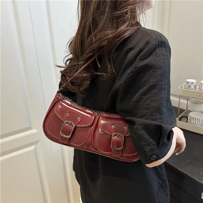 Fashion Pu Leather Women's Shoulder Bag Small Double Pocket Design Ladies Underarm Bags Y2k Vintage Female Handbags Clutch Purse