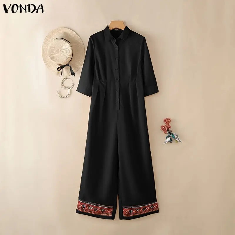 Casual Jumpsuits Plus Size VONDA 2026 Women Long Rompers Elegant Office Lady Overall Patchwork Loose Long Sleeve Playsuits