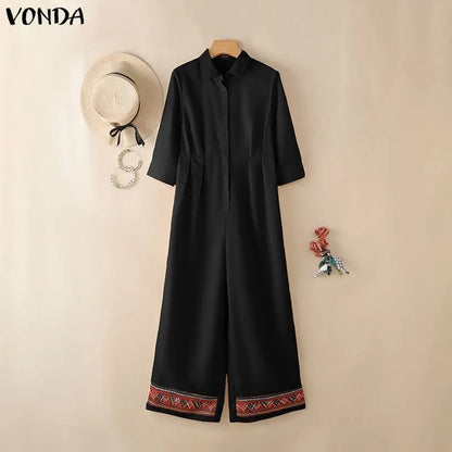 Casual Jumpsuits Plus Size VONDA 2026 Women Long Rompers Elegant Office Lady Overall Patchwork Loose Long Sleeve Playsuits