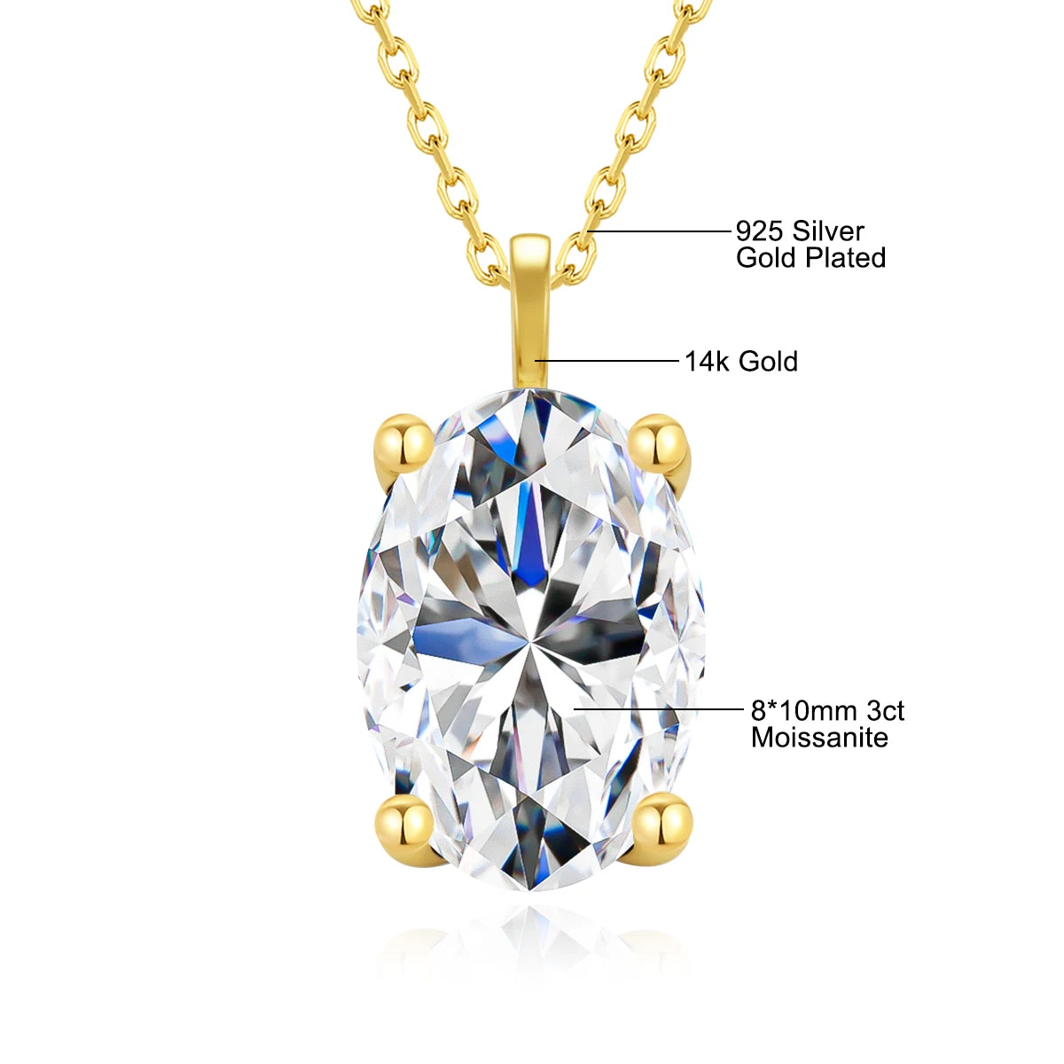14K Yellow Gold Moissanite Diamond Necklace for Women Marriage Pendant Couple Engagement Oval Cut 1ct/2ct/3ct with Certificate
