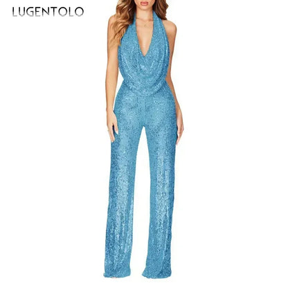 Sequins Sexy Jumpsuits Women Halter Fashion Summer Party Elegant Sleeveless Female New High Waist Street Straight Rompers
