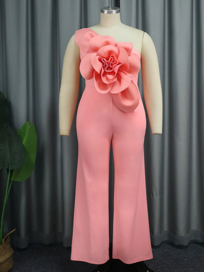 Women One Shoulder Jumpsuit Big Flowers Long Sexy Backless High Waist  Wide Leg Straight One Piece Classy Evening Party Rompers