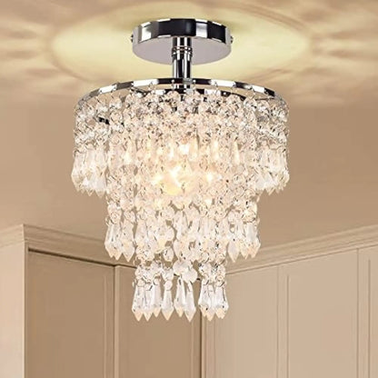 Small Crystal Chandelier Led Crystal Ceiling Lights 3 Tiers Crystal Raindrops Chandelier Pendant Lighting Fixture Decoration for Bedroom Hallway Living Room,Chrome, E26