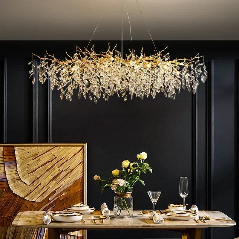 Modern Dining Room Branch Pendant Lights Lustre Crystal Led Hanging Lamp Post Luxury G9 Suspend Lamp Gold Droplight Fixtures