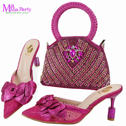 Gold Color New Arrivals Italian Design Nigerian Women Shoes and Bag Set Pointed Toe Slipper with Shinning Crystal for Party