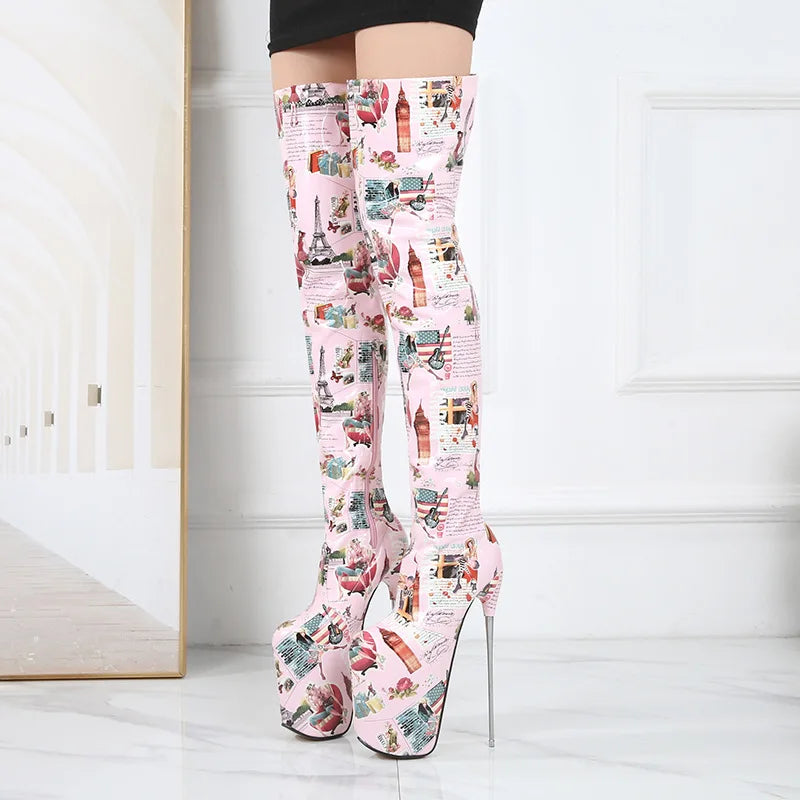 Spring Summer Patent Leather 19cm Super High Heels Platform Over The Knee Boots Women Large Size Zebra Patten Long Thigh Boots