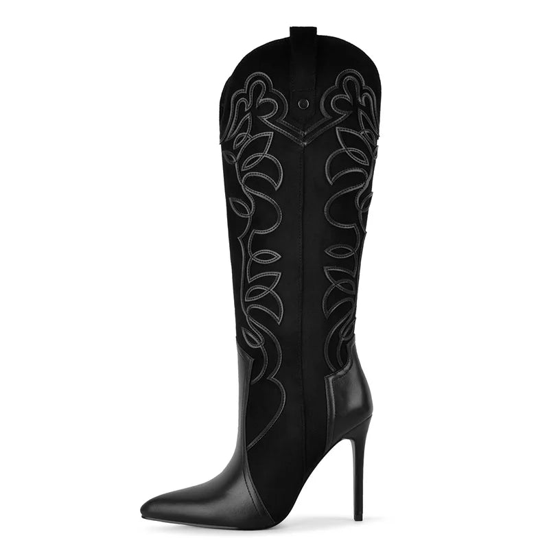 Onlymaker Women Pointed Toe Embroidered  Blue Denim Stiletto Heel Knee High Boots Side Zipper Plus Size Fashion Boots