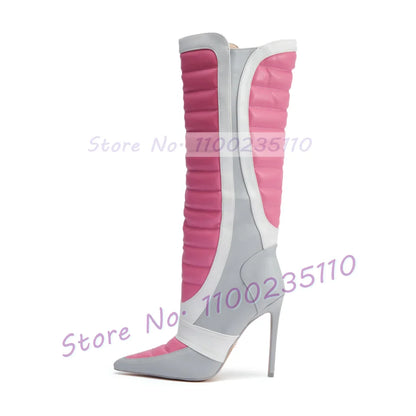 Pink Colorblock Stiletto Mid Calf Boots Women Novelty Pointed Toe Side Zipper Shoes Female Streetwear High Heels Biker Boots