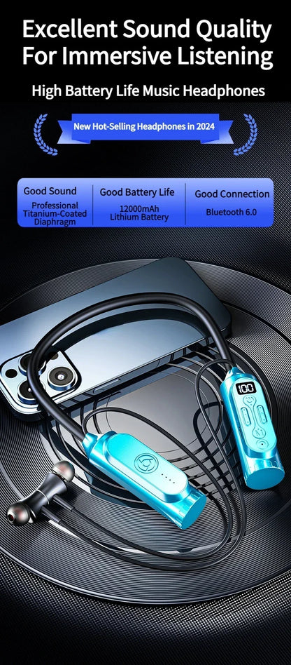 Earphones 12000mAh In-ear/Semi-in-ear Bluetooth Headset Magnetic Switch Pause Play Neck Hanging Dual Device Connection Earbuds