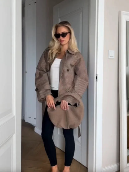 Trendy Plaid Cropped Trench Coat Women Chic Lapel Double Breasted Belted Waist Tie Long Sleeve Jacket Fall Windbreaker Outerwear