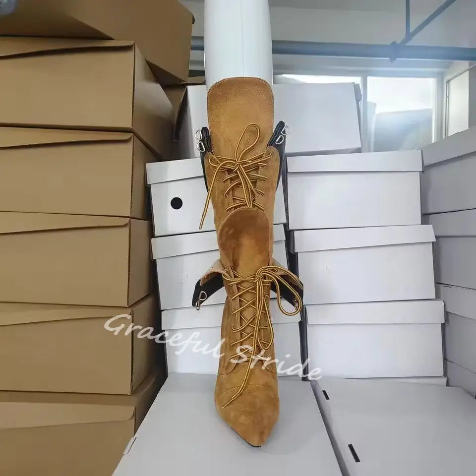 2026 Winter Brown Patchwork Boots Double Lace-Up Pointed Toe Stiletto Heel Fashion Novelty Boots Knee High Suede Women Boots