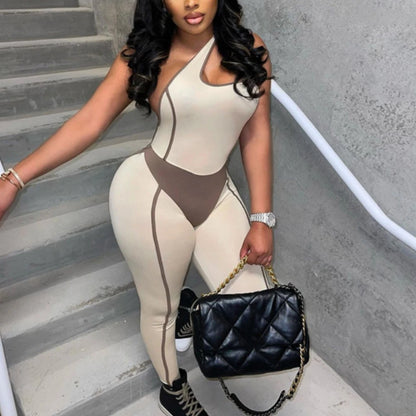 HLJ&GG White Spring New Color Splicing Bodycon One Piece Jumpsuits Women Sleeveless Backless Slim Sporty Playsuit Casual Overall