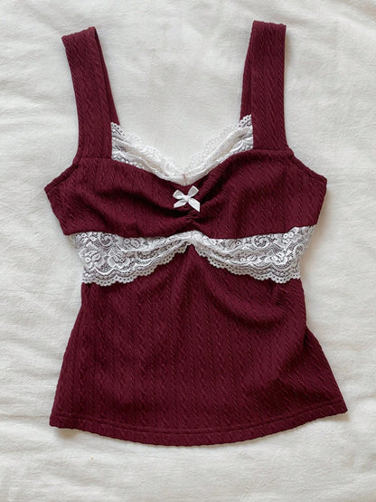 Y2K summer fashion new patchwork lace bow decoration pure desire vest, versatile top for wearing outside