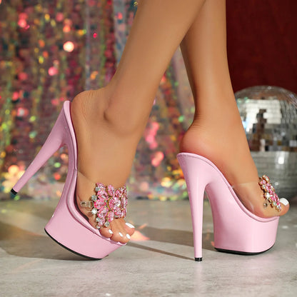 Luxury Rhinestones Transparent Slippers Women Platform Thin High Heels Model Catwalk Sandals 15CM Summer Night Club Stage Shoes
