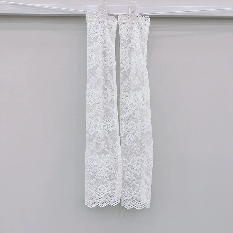 Women Summer Ice Silk Lace Arm Sleeve Elastic Sleeve Driving Gloves Black White Long Fingerless Mittens Sunscreen Gloves