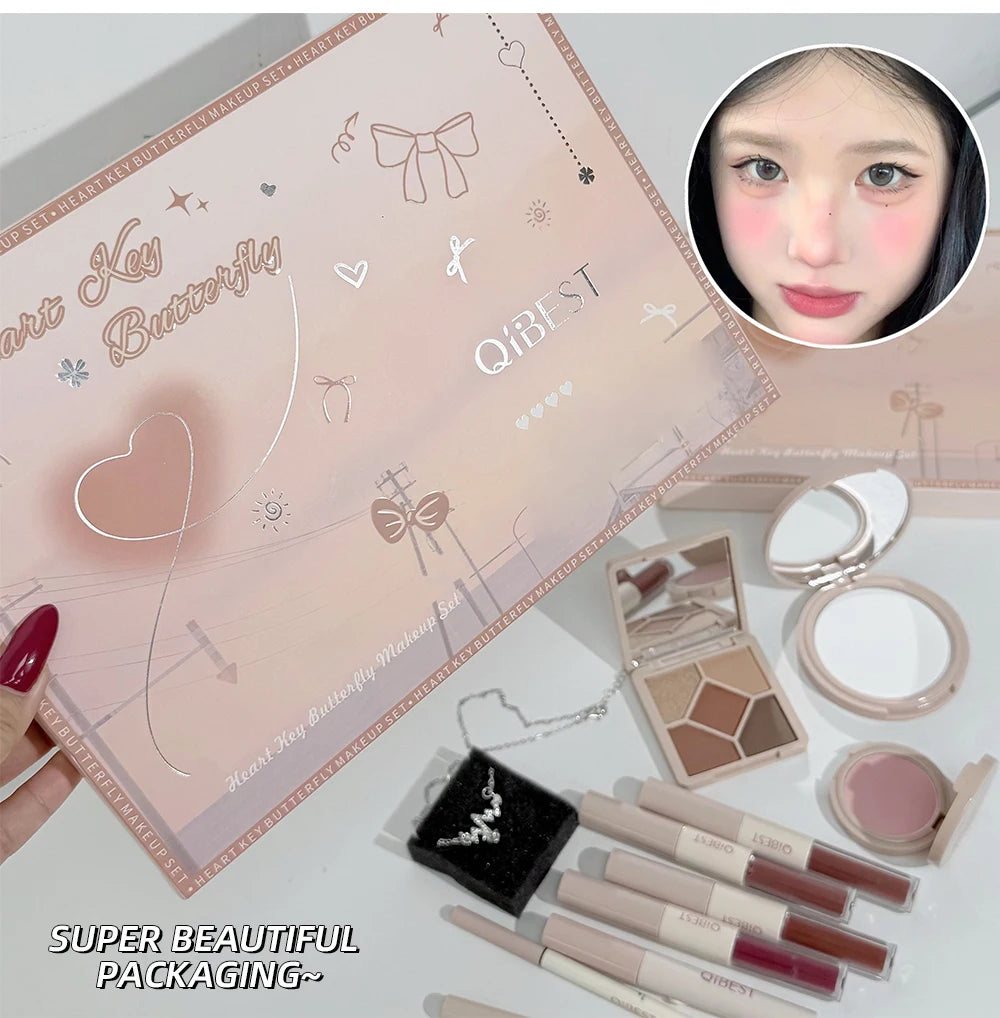 Makeup Gift Box Butterfly Bow Heart Limited Lipstick Powder Blush Eyeshadow Makeup Gift Box Set and Necklace Gifts for Women