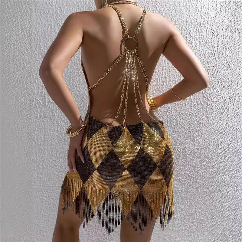 Women Glitter Diamond Metal Mesh Bodycon Mini Dress Halter Chain Back Fringe Hem Night Club Bar Birthday Party Evening Dress