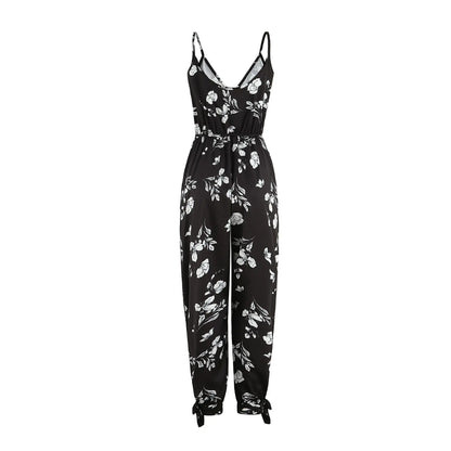 Spring and Summer Women's New Camisole Jumpsuit Cross-Border Printed Sexy Backless Lace Up V-Neck