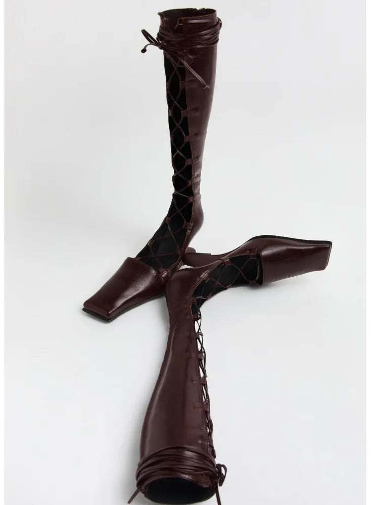 2026 Summer Hollow Out Strap Square Shaped Thick High Heels Summer Cool Boots Fashionable and Sexy Women's Sandals