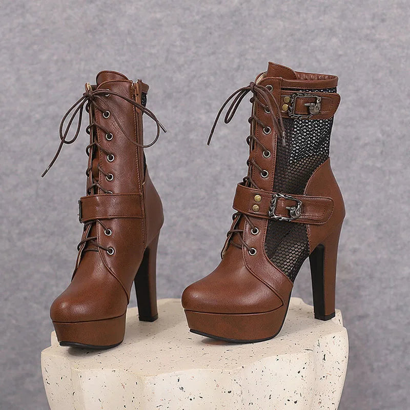 2025 New Lace-up Mesh Summer Boots Women Sexy High Heels Platform Sandals Large Size Women's Custom Boots Female Shoes