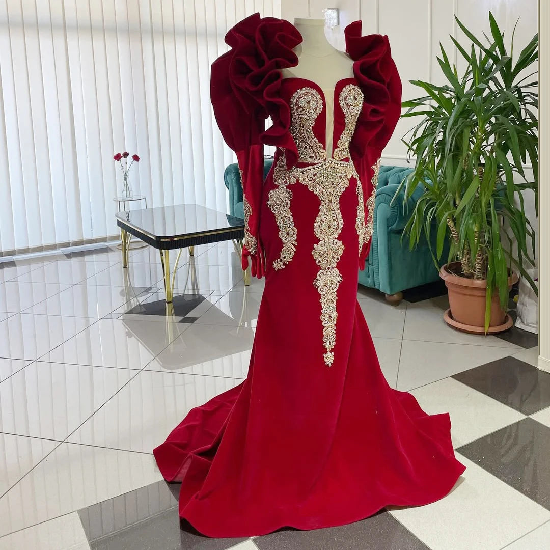 Customized Pleated Evening Dresses Retro Sequined Embroidered Dress Red Ruffled Shoulder Evening Dress Lace Party Formal Dress