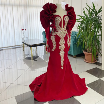 Customized Pleated Evening Dresses Retro Sequined Embroidered Dress Red Ruffled Shoulder Evening Dress Lace Party Formal Dress