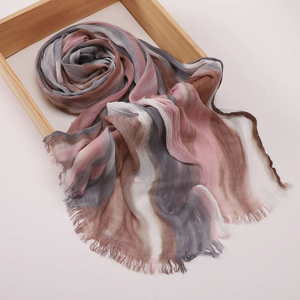 New Fashion Cotton Blend Hijabs Scarf Woman Graduated Color Striped Women Headscarf Retro Versatile Printing Long Shawl