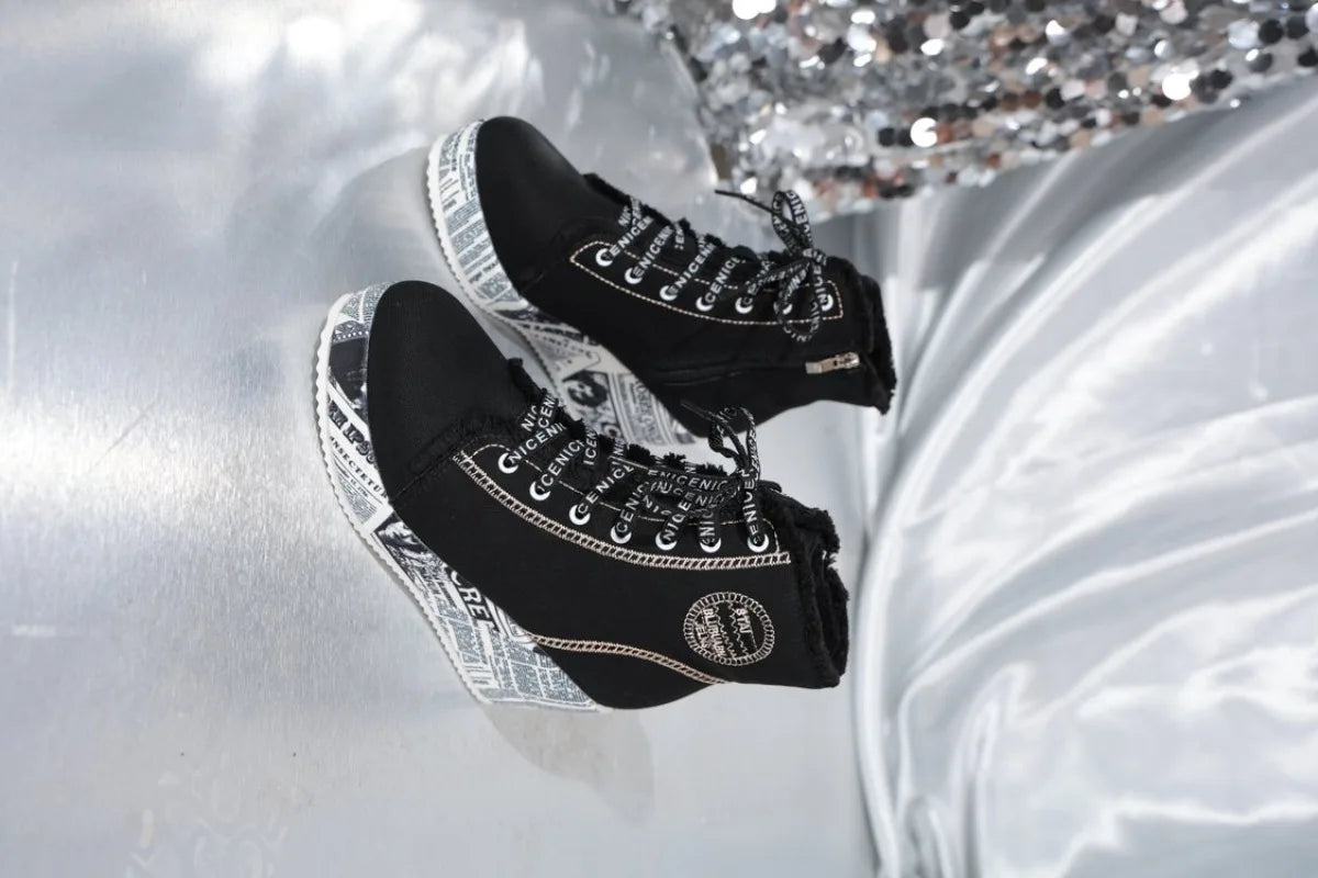 Women's Wedge Sneakers High Top Round Toe Denim-Look Lace-Up Side Zipper Letter Print Detail Casual Platform Ankle Boots 2026