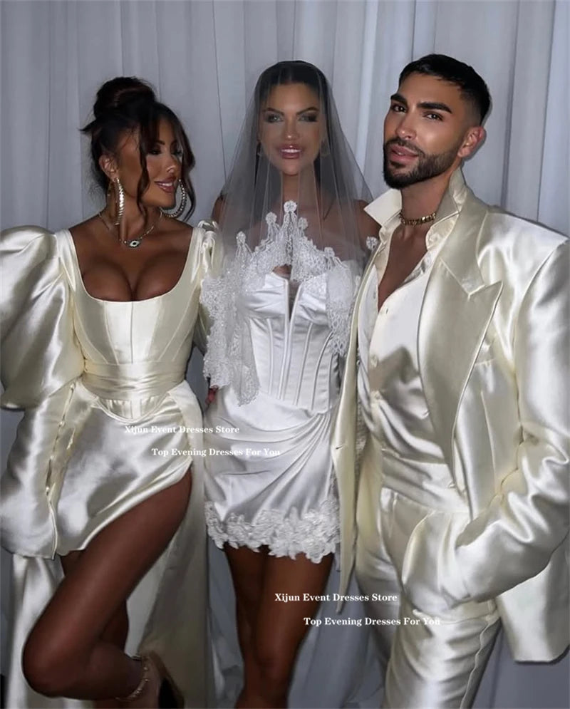 Xijun Ivory Satin Modern Evening Dresses Formal High Low Wedding Dresses Puff Sleeves Birthday Party Gowns Women 2025 Customized