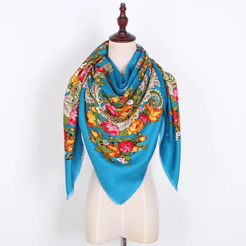 Russian Women Big Size Square Scarf Luxury Floral Print Bandana Wraps Female Retro Short Tassel National Shawl