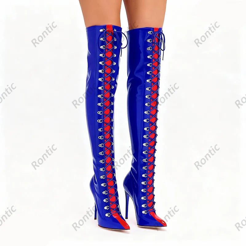 Rontic Custom Crafted Blue Thigh High Boots Stiletto Heel Design Red Detail Laces Pointed Toe Patent Leather Artisan Size 5-15